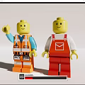 Two Lego Figures With Orange Safety Vest Blue Sleeves Red Overalls And Yellow Heads