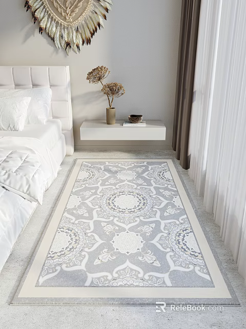 Bedroom Interior With White Bed Headboard Floating Bedside Table Dried Flowers Patterned Rug And Curtain 3d model 