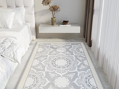 Bedroom Interior With White Bed Headboard Floating Bedside Table Dried Flowers Patterned Rug And Curtain 3d model