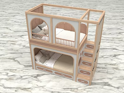 Modern Wooden Bunk Bed With Stairs Drawers Guardrails And Double Mattresses 3d model