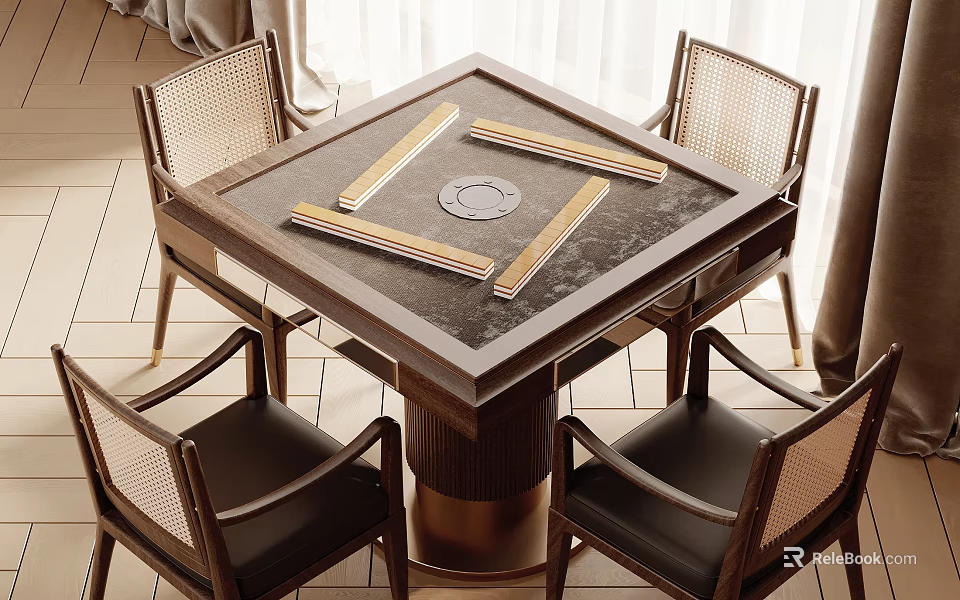 Elegant Square Entertainment Table With Marble Top Central Circular Design And Woven Leather Chairs 3d model 