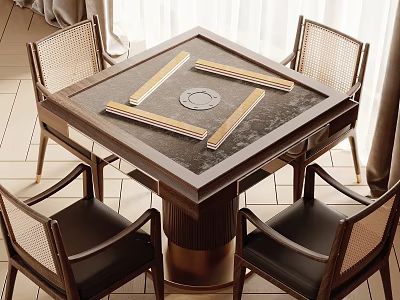 Elegant Square Entertainment Table With Marble Top Central Circular Design And Woven Leather Chairs 3d model