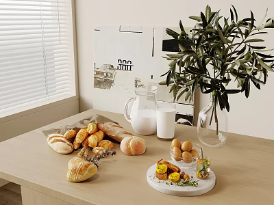 Fresh Bread Varieties With Milk Jug And Olive Branch On Wooden Table 3d model