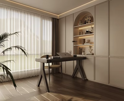 Study Room Interior With Wooden Desk Laptop Built in Bookshelf And Green Plant 3d model