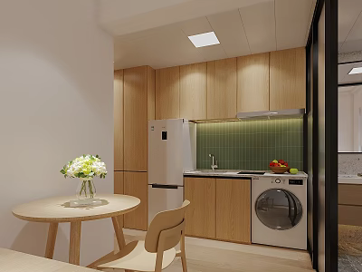 Modern Kitchen Interior With Wooden Cabinets Green Tile Backsplash Refrigerator And Round Table 3d model