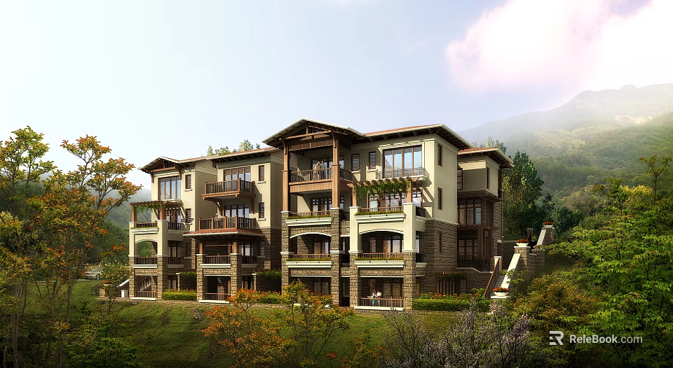 Elegant Detached Villa With Balconies And Mountain View Surrounded By Greenery 3d model 