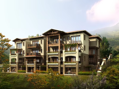 Elegant Detached Villa With Balconies And Mountain View Surrounded By Greenery 3d model