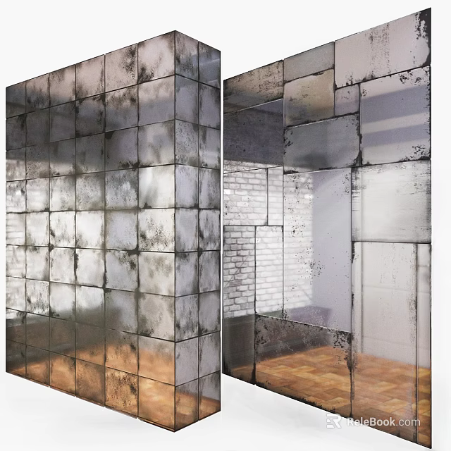 Modern Wall Panels With Square Tile Metal Finish And Brick Wall Wooden Floor Interior 3d model 