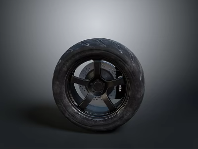 Motorcycle Tire With Black Rubber Tread And Alloy Wheel Rim Design 3d model
