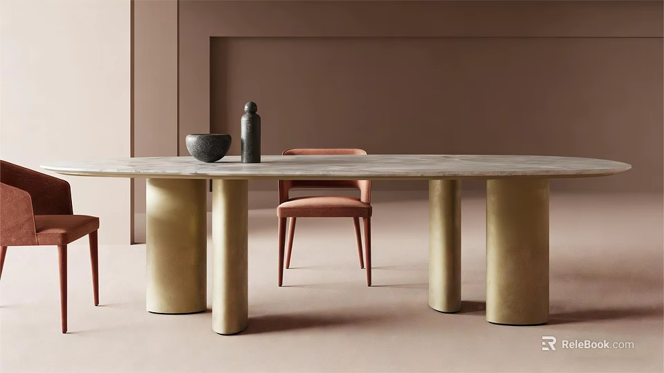 Elegant Grey Marble Dining Table With Gold Cylindrical Legs And Orange Upholstered Chairs 3d model 