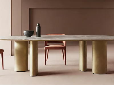 Elegant Grey Marble Dining Table With Gold Cylindrical Legs And Orange Upholstered Chairs 3d model