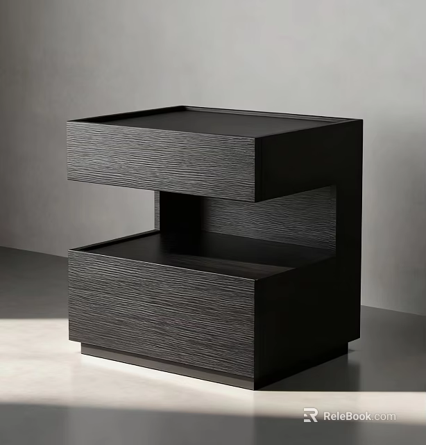 Modern Black Bedside Table With Wooden Texture And Two Shelves Structure 3d model
