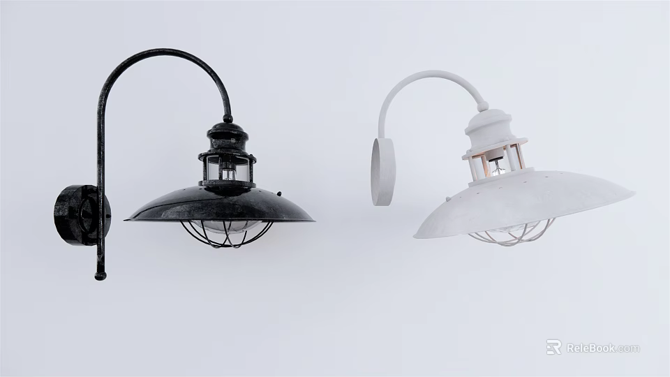 Black and White Industrial Style Wall Lamps With Curved Arm And Metal Cage 3d model 