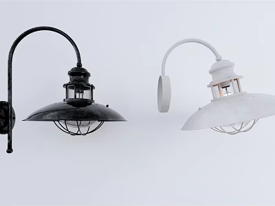 Black and White Industrial Style Wall Lamps With Curved Arm And Metal Cage 3d model