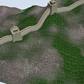 Cartoon Scene of Great Wall with Tower and Winding Path on Green Mountains