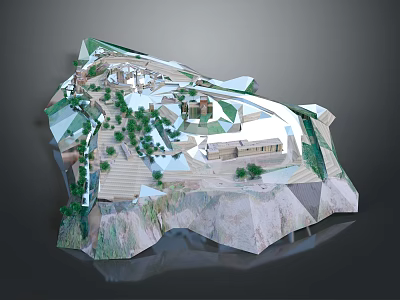 Architectural Model of Rocky Terrain Landscape With Greenery Walkways and Buildings 3d model