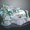 Architectural Model of Rocky Terrain Landscape With Greenery Walkways and Buildings