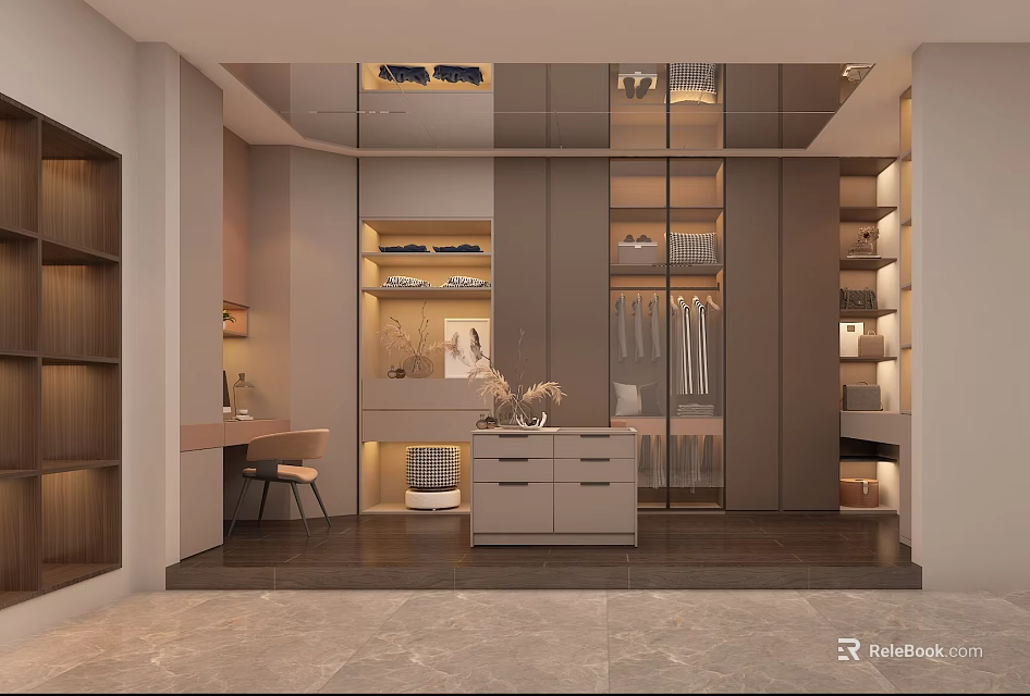 Modern Walk in Closet Interior With Open Shelving Hanging Rods And Dresser Drawers 3d model 