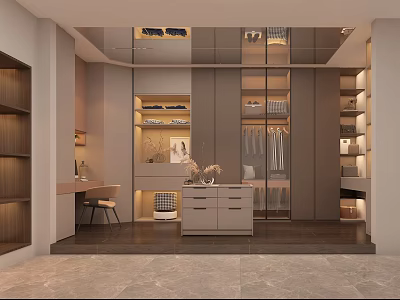 Modern Walk in Closet Interior With Open Shelving Hanging Rods And Dresser Drawers 3d model
