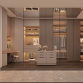 Modern Walk in Closet Interior With Open Shelving Hanging Rods And Dresser Drawers