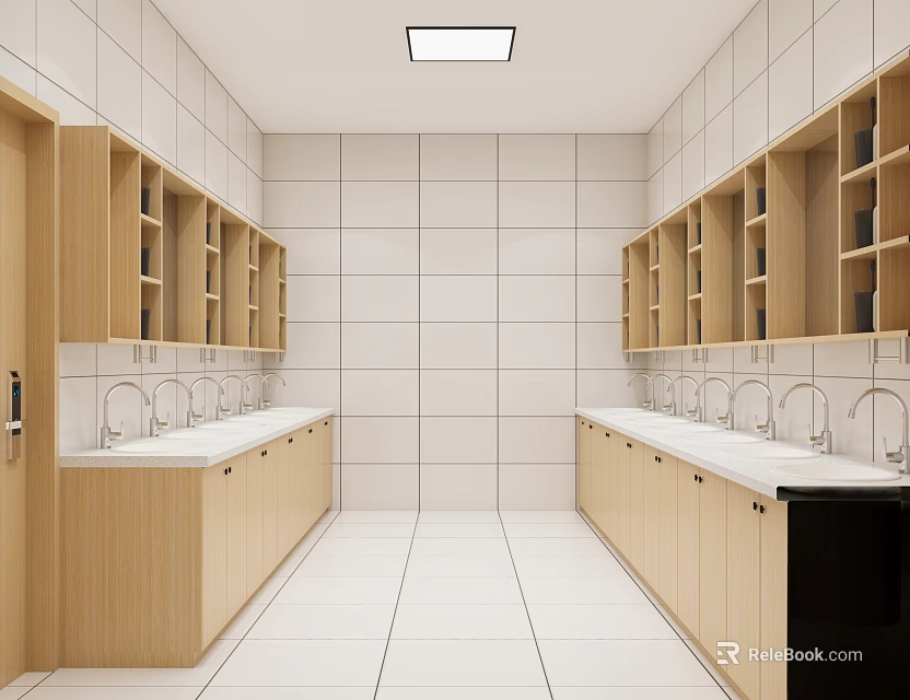 Other Bathroom Interior Design With White Tiled Walls Wooden Cabinets And Sink Counters 3d model 