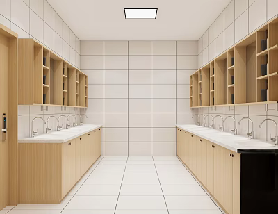 Other Bathroom Interior Design With White Tiled Walls Wooden Cabinets And Sink Counters 3d model