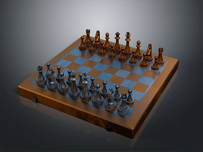 Classic Wooden Chess Set With Metallic Pieces And Blue White Checkerboard 3d model