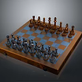 Classic Wooden Chess Set With Metallic Pieces And Blue White Checkerboard