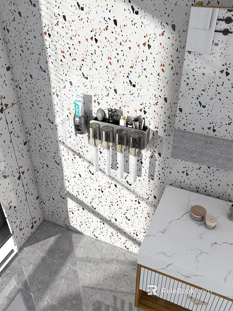 Wall Mounted Bathroom Cabinet Rack With Terrazzo Wall And Storage Compartments 3d model 
