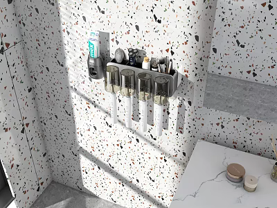 Wall Mounted Bathroom Cabinet Rack With Terrazzo Wall And Storage Compartments 3d model