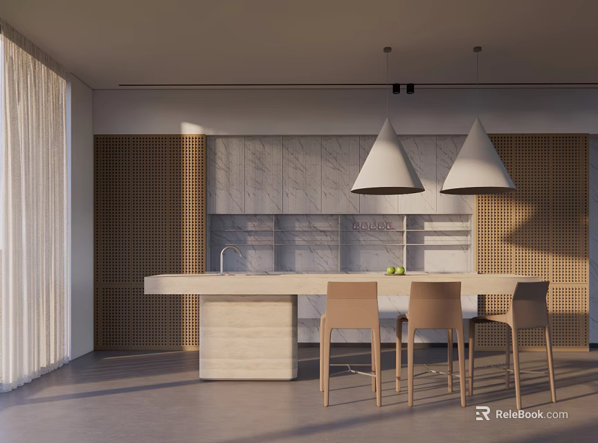 Modern Restaurant Interior Featuring Open Kitchen Design With Bar Counter Seating 3d model