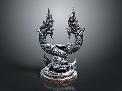 Two Dragons Carved Sculpture With Red Eyes And Snake Like Body Base 3d model