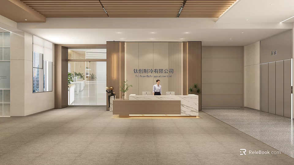 Modern Hotel Lobby Interior Design Featuring Marble Front Desk And Wooden Ceiling Elements 3d model 