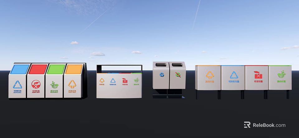 Public Facilities Colorful Waste Sorting Bins With Recycling Symbols In Community 3d model 