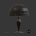 Vintage Table Lamp With Stained Glass Shade And Intricate Metal Base Design