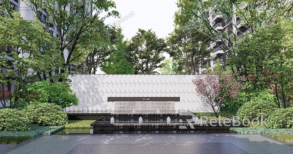 Modern Landscape Wall Residential Quarter House Landscape to Landscape Wall Falling Water Scene model