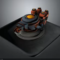 Futuristic Weapon Turret With Red Cylindrical Components And Yellow Circular Top On Square Platform
