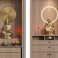 Modern Wooden Buddhist Shrine Cabinet with Buddha Statues Candle Holders and Offerings