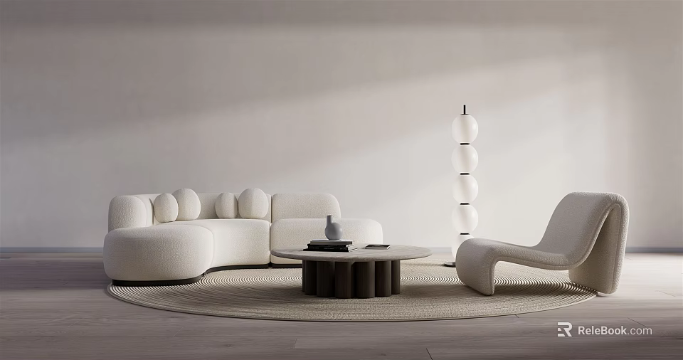 Modern Curved Sofa and Round Coffee Table Set with Accent Chair Floor Lamp and Rug 3d model 