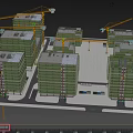 Multiple Green School Buildings Under Construction With Cranes And Scaffolding 3d model