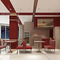 Red And White Restaurant Interior Design With Tables Chairs And Decorative Walls