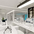 Bright Modern Public Office Area With White Desks Chairs Computers Green Plants And Bookshelves