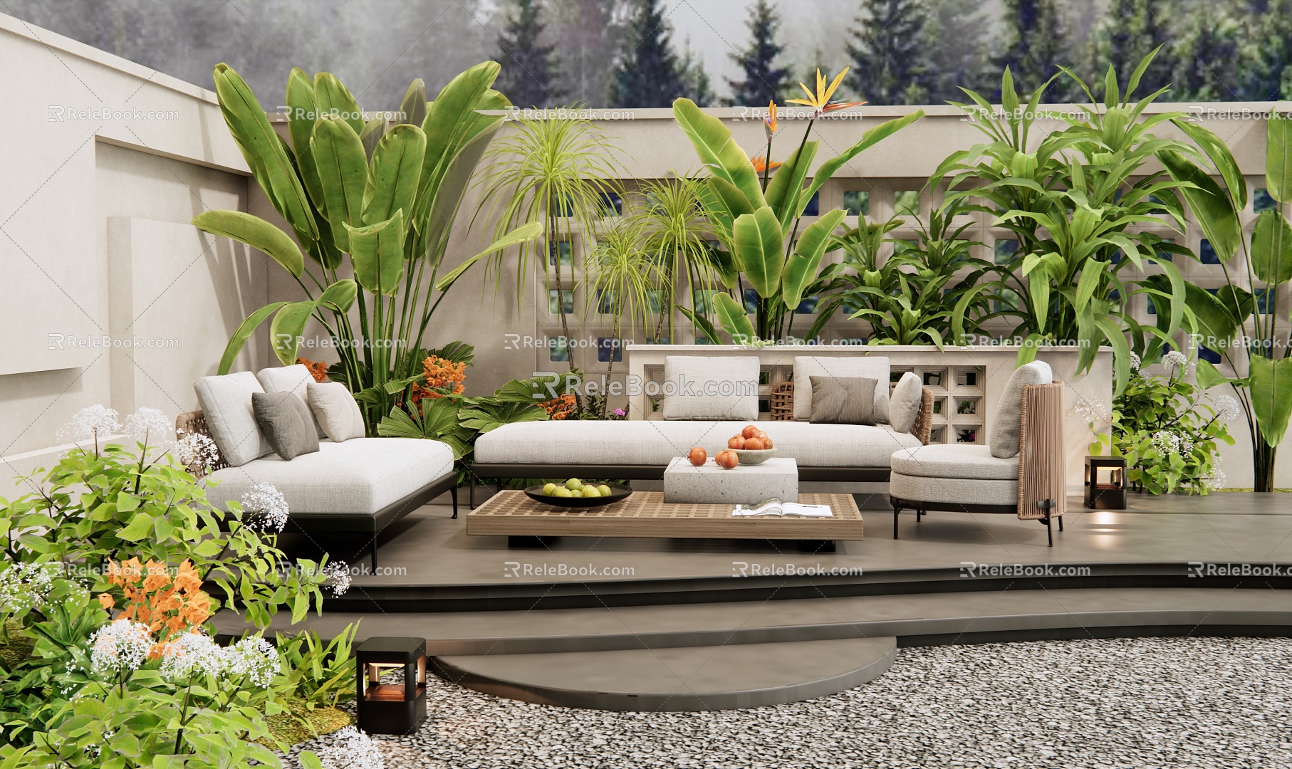 Outdoor sofa courtyard garden plant pile plant combination flowers and plants 3d model