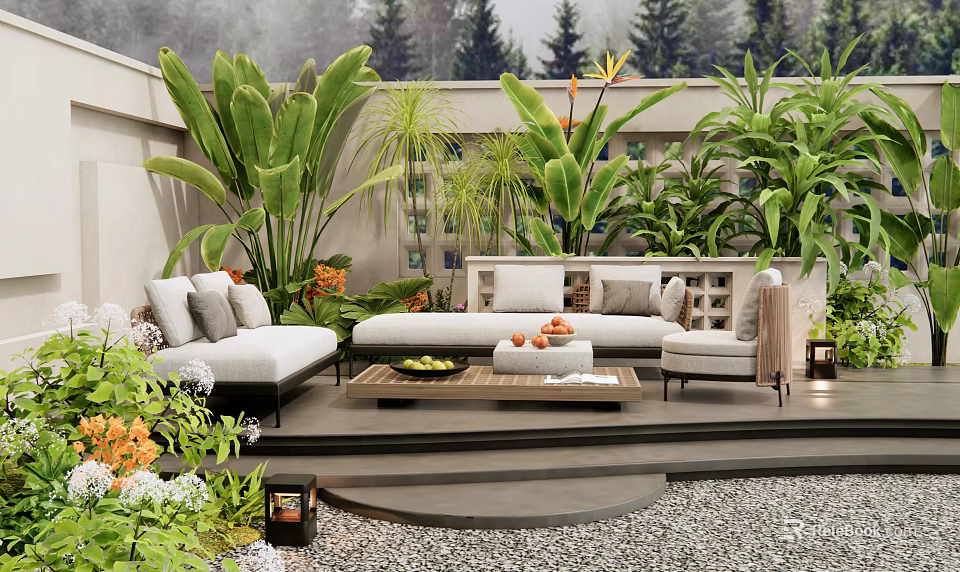 Outdoor Sofa Setup on Patio with Lush Green Plants Coffee Table and Cozy Cushions 3d model 