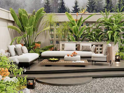 Outdoor Sofa Setup on Patio with Lush Green Plants Coffee Table and Cozy Cushions 3d model