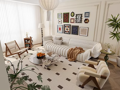 Modern Living Room Sofa And Coffee Table Set With Wall Art Checkerboard Rug And Plants 3d model
