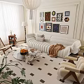Modern Living Room Sofa And Coffee Table Set With Wall Art Checkerboard Rug And Plants