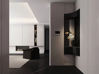 Modern Entryway Design With White Cabinets Black Accents Fireplace And Light Fixture 3d model