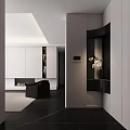 Modern Entryway Design With White Cabinets Black Accents Fireplace And Light Fixture