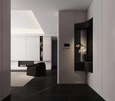 Modern Entryway Design With White Cabinets Black Accents Fireplace And Light Fixture 3d model